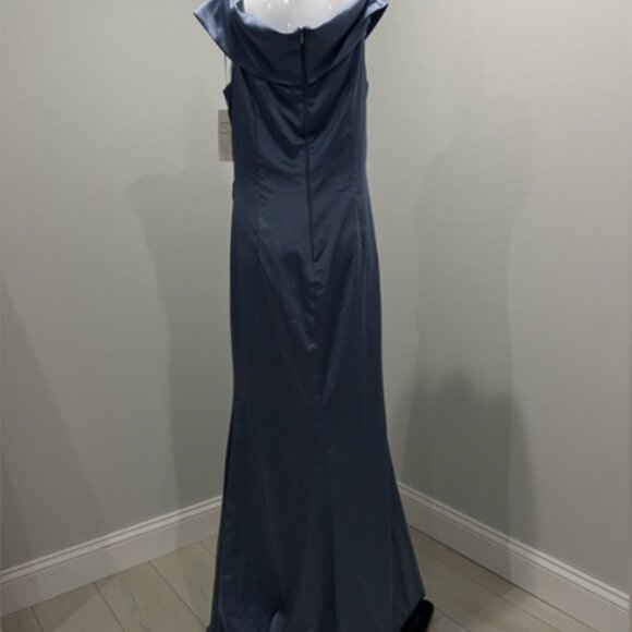 Teri Jon Gown Women 14 Blue Purple Stretch Satin Off Shoulder Glam Chic - Picture 11 of 16